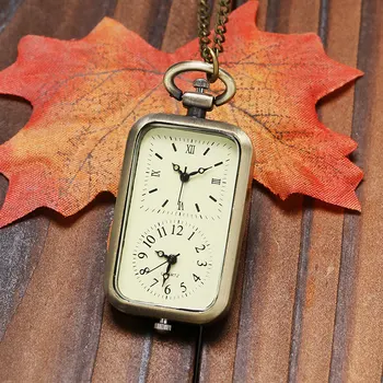 

Classical Rectangle 2 Clock Design Bronze Fob Necklace Pendant Pocket Watch 2 Time Zone Gift for Pilots Flight Attendants
