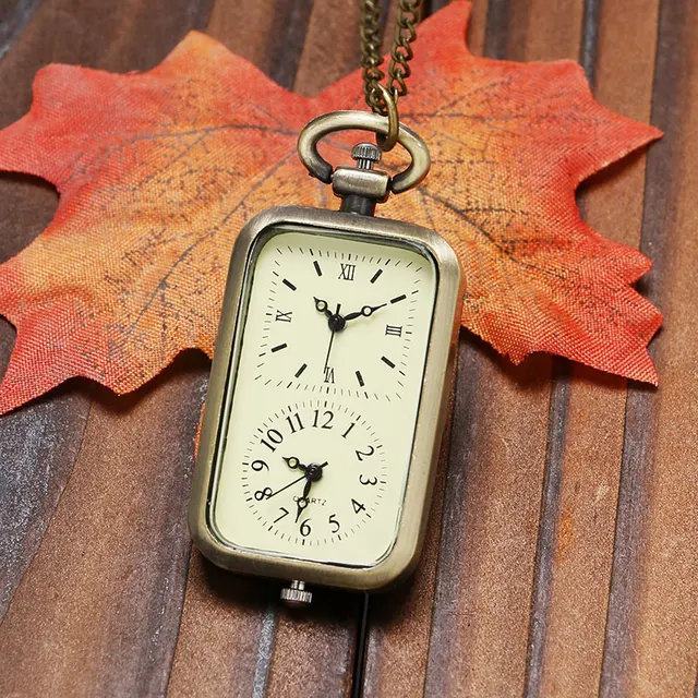 Classical Rectangle 2 Clock Design Bronze Fob Necklace Pendant Pocket Watch 2 Ti Classical Rectangle 2 Clock Design Bronze Fob Necklace Pendant Pocket Watch 2 Ti