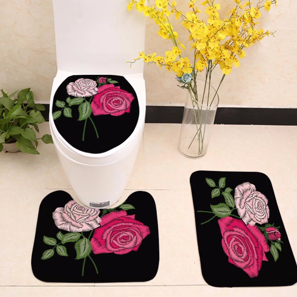 

Flannel toilet three-piece carpet Rose flower Soft skin-friendly printing anti-slip mat Bathroom U-shaped absorbent doormat