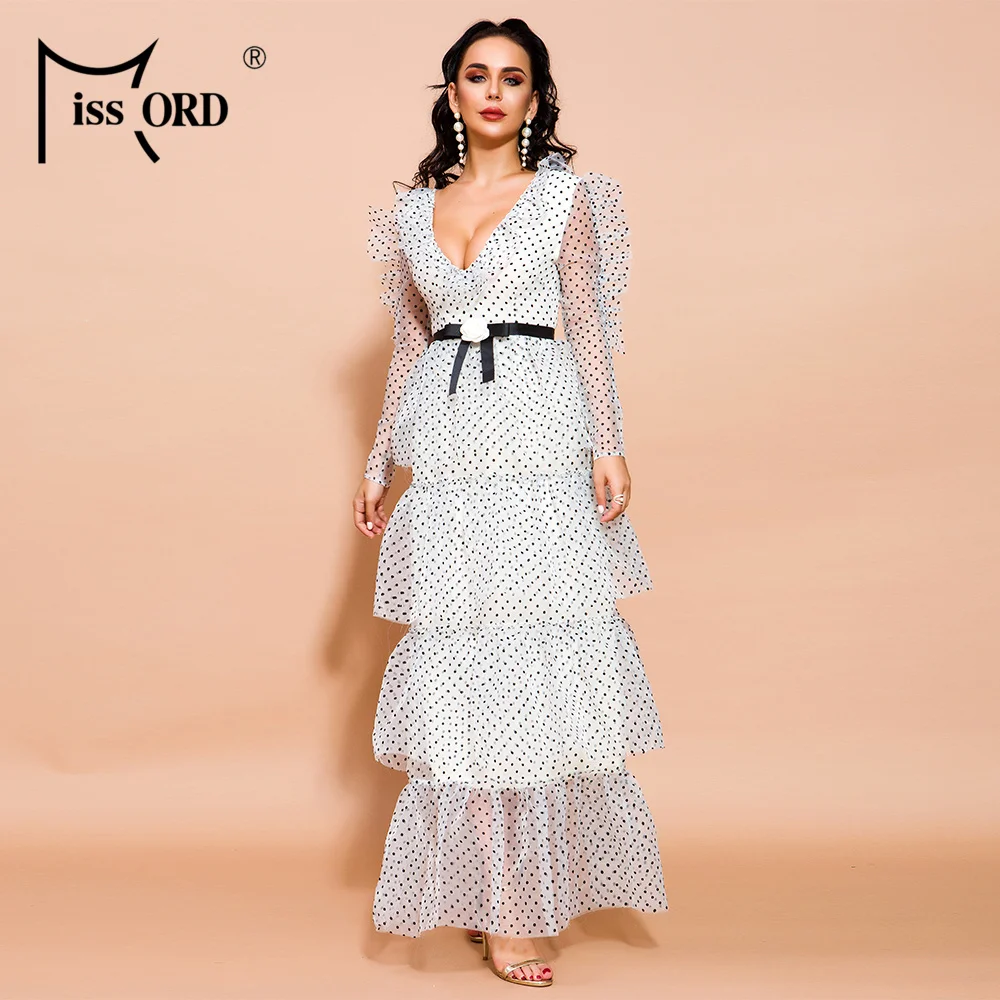 

Missord 2019 Sexy V Neck Long Sleeve Dot Ruffles Dresses Female Elegant Maxi Dress FT19611