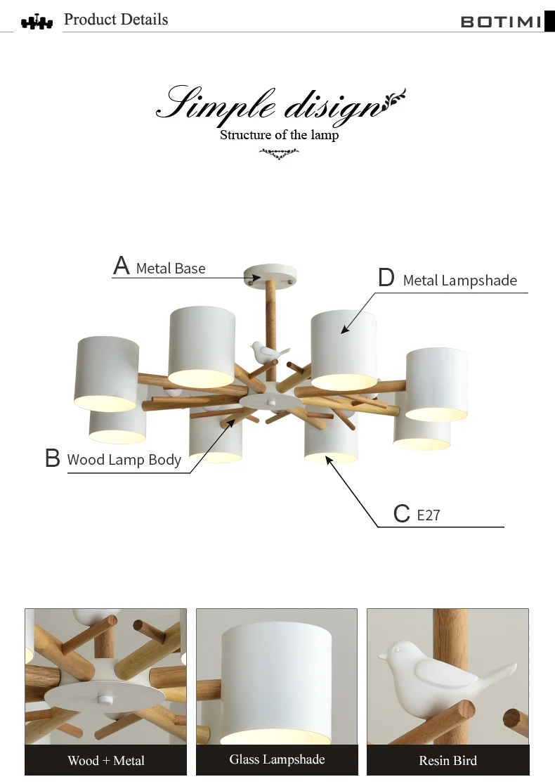 BOTIMI Скандинавская люстра 220 В с птицами и металлическим абажуром для гостиной, современные деревянные люстры для спальни