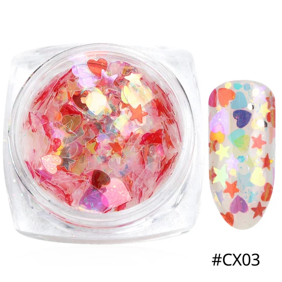 1 коробка блеск для ногтей AB Цвет хлопья ногтей искусство Декор с блестками микс 3D Звезда Сердце Блестки блестка порошок Маникюр TRCX01-12 - Цвет: CX03