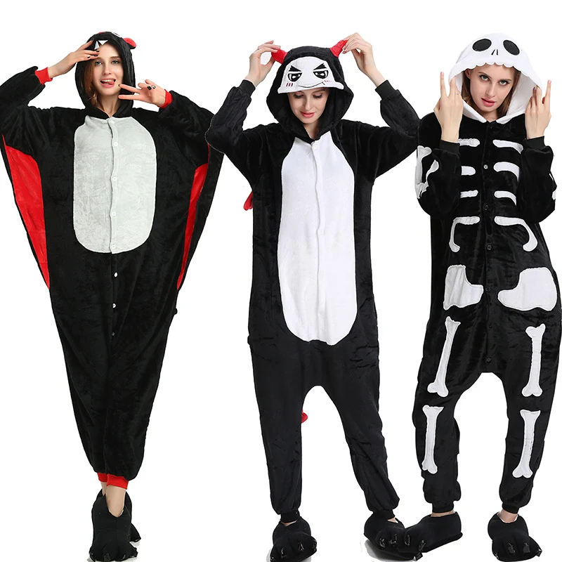 

Halloween Pajama Sets Kigurumi Onesis Cartoon Sleepwear Cosplay Zipper 2019 Women Pajama Flannel Animal Skeleton Bat Pyjamas