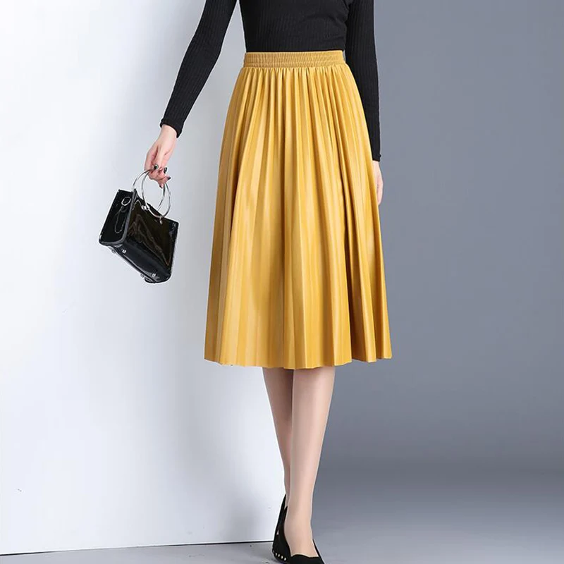 TIGENA Hohe Taille Gefaltete Pu Faux Leder Rock Frauen 2018 Herbst Winter Elegante Midi Lange Röcke Weibliche Schwarz Rot Leder rock