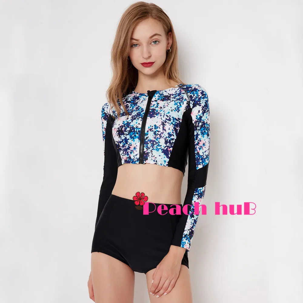 Sport Swimsuit 3 Piece Bathing Suit Long Sleeve Swim Tights Rashguard Women Surf Suit Plus Size Swimwear Shorts High Waisted (6)