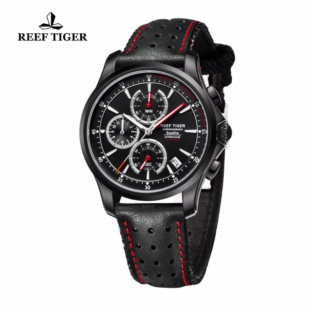 Reef Tiger/RT мужские спортивные кварцевые часы с хронографом и датой черные стальные повседневные часы с супер светящимися RGA1663