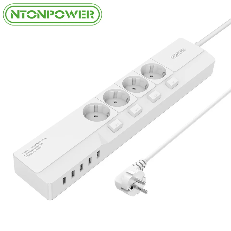 

NTONPOWER NSJ EU Plug 4 AC 5 USB Surge Protection Individual Switch Power Socket Strip with 1.5m Cord Length