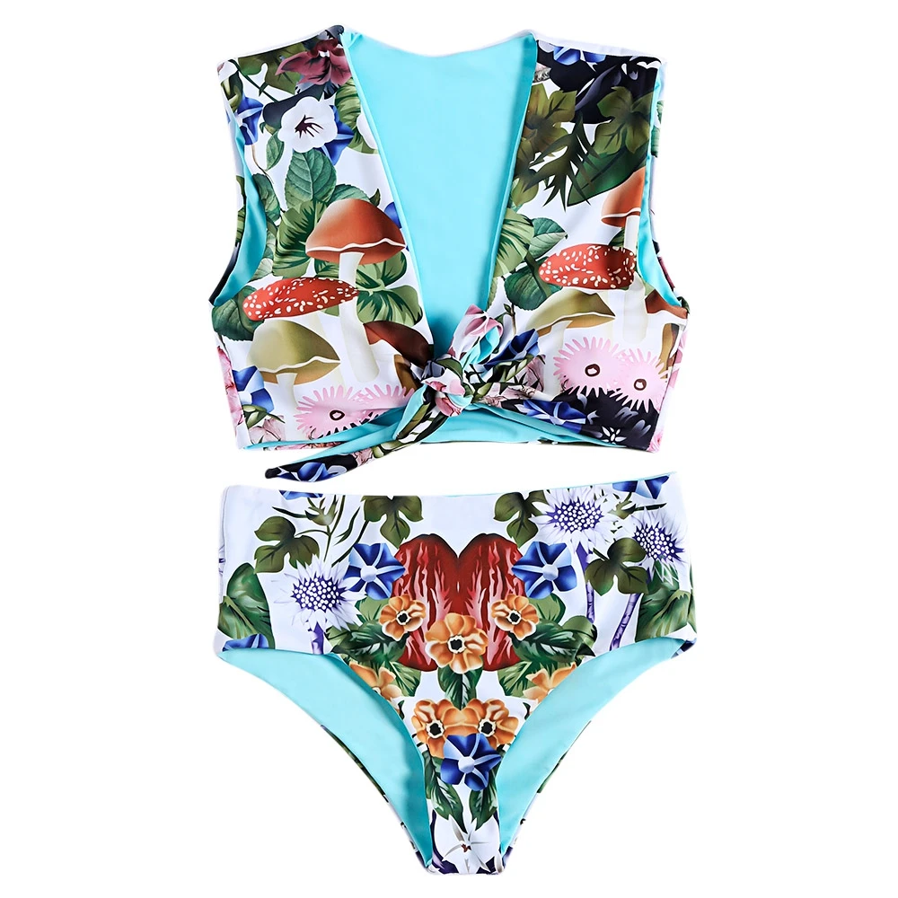 

2019 Biquini Swimwear Plunge Neck Sleeveless Bathing Swimming Suit Padded Floral Print High Waist Two-piece Women Bikini Set