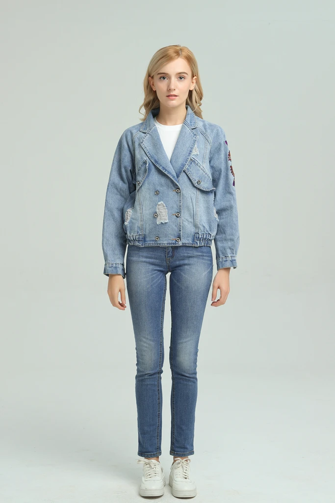 Женская Повседневная джинсовая куртка с двумя карманами, Женская куртка с вышивкой