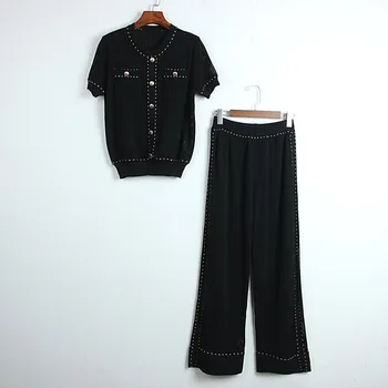 

European style spring summer knitting T-shirts +wide leg pants two piece set Fashion women's hollow-out pantsuit A134