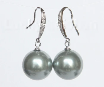 

14mm round gray south sea shell pearls Earrings 925 silver hook