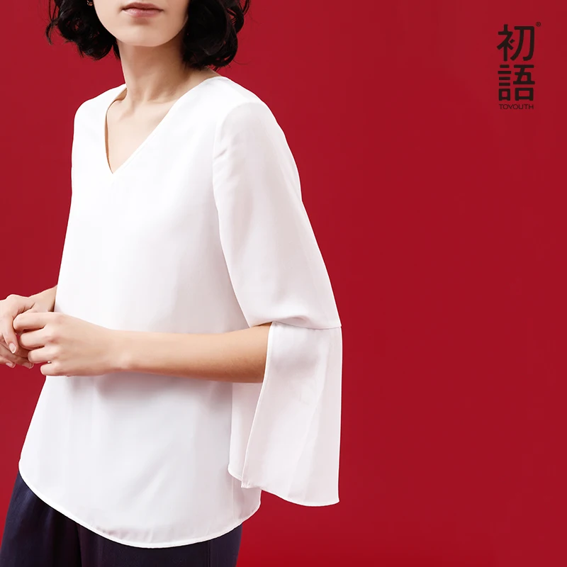 

Toyouth Women Tops And Blouses Lace Up Chiffon Shirts Female Three Quarter Split Sleeve V neck White Blouse Elegant Clothing