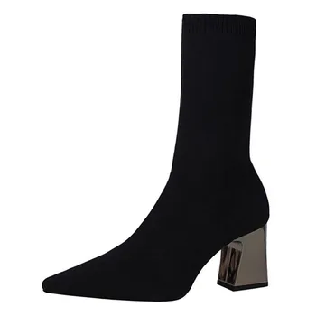 

Casual Designer Free shipping fashion women lady Black KNITTING STRETCH Point toe wedge high heels sock boots