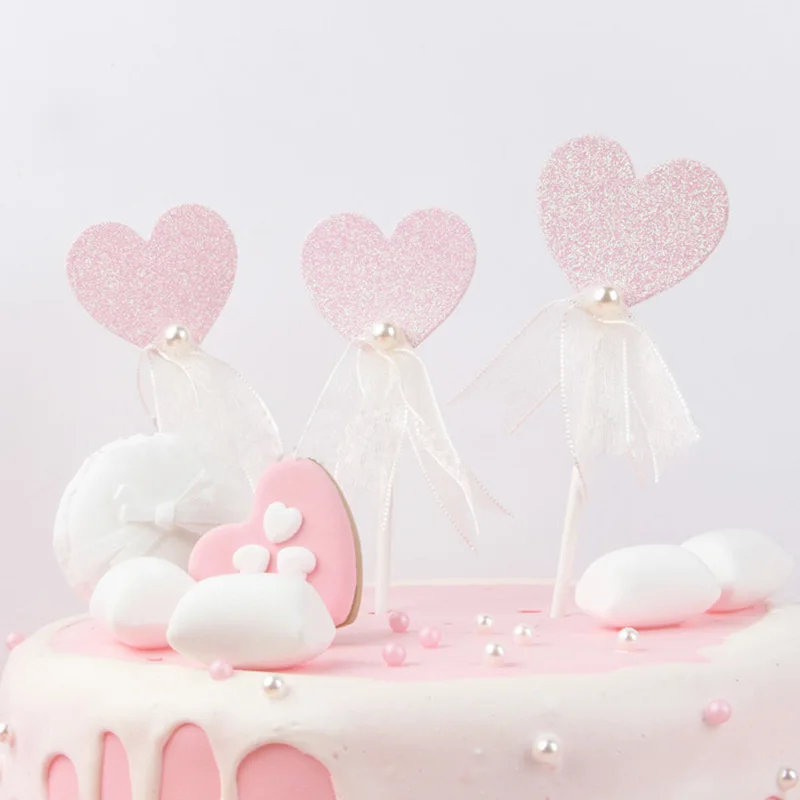 

3pcs Glitter Pink Heart Cupcake Topper Pearl Paper Cake Topper For Girls Birthday Wedding Valentine's Day Party Cake Decorations