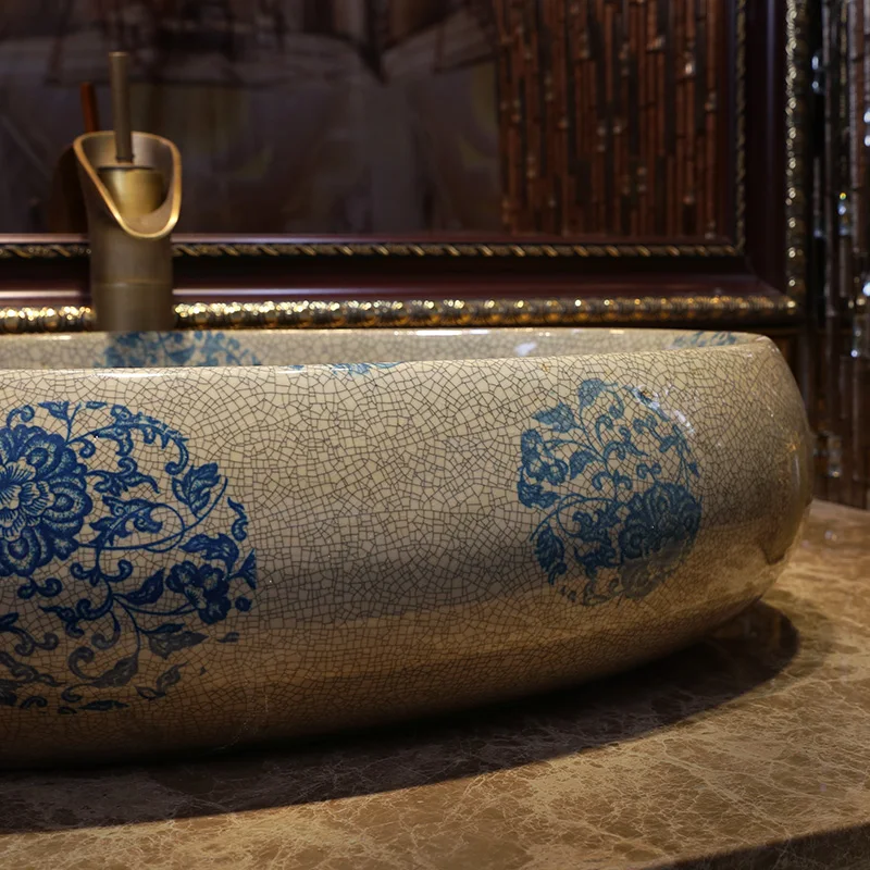Oval Handmade China Artistic Art wash basin Ceramic Counter Top Wash Basin Bathroom Sinks blue and white handmade bathroom sinks (18)