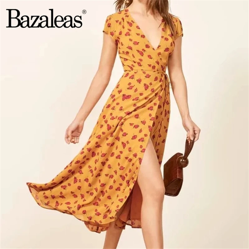 

Bazaleas V Neck Floral Yellow Split vestidos Chiffon wrap dress Chic Holiday summer Dress Fashion women Dresses drop shipping