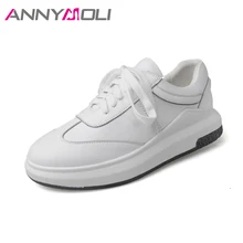 ANNYMOLI/женские кроссовки; обувь из натуральной кожи на плоской подошве; белые туфли; сезон весна; коллекция года; прошитая школьная повседневная обувь на шнуровке; сезон осень