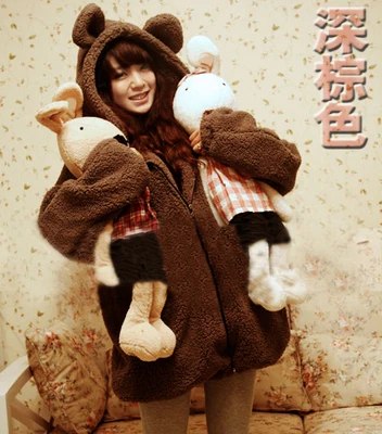 Новинка, пальто из искусственного меха, верхняя одежда с кроличьими ушками медведя, милый свободный зимний свитер размера плюс, коричневые толстовки с капюшоном - Цвет: brown bear