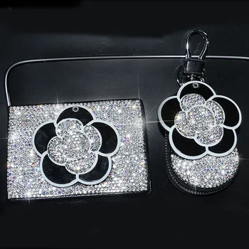 

Crystal Camellia Flower Mirror Key Case for Car Key Cover Rhinestone Leather Universal Key Wallets Holder Driver's license Women