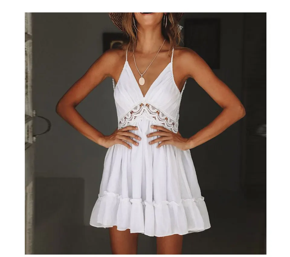 ArtSu Bohemian Halter Mini Sundress Sweet Girl White Lace Dress Women Backless Sleeveless Beach Dress Mujer Vestidos ASDR60086
