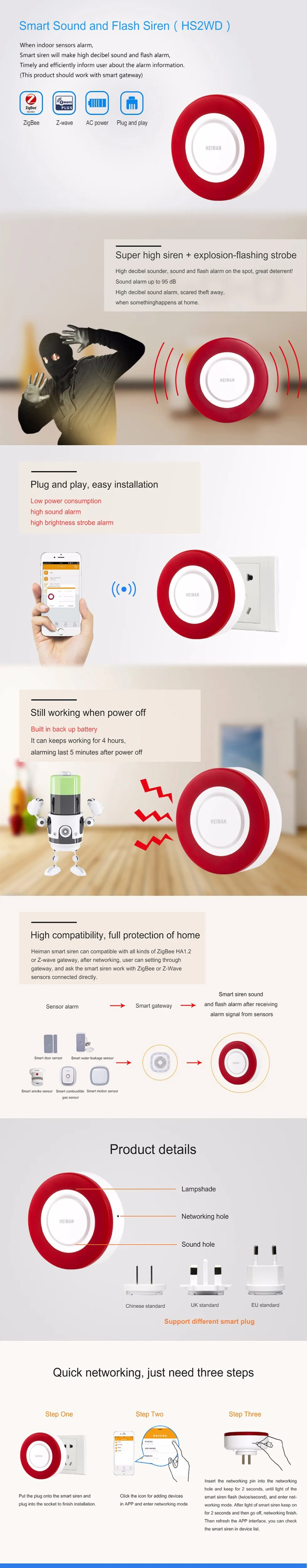 Compatible with Home Assistant, Kaku,Conbee II Red Flashing 95dB HEIMAN Zigbee 3.0 Alarm Siren HS2WD-E led warning lights