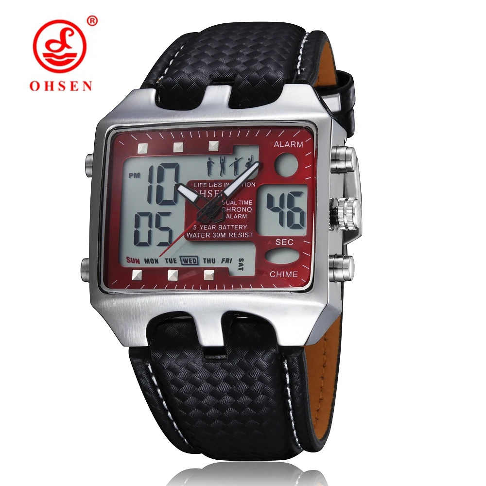OHSEN Электронные Цифровые кварцевые мужские часы Relojes кожаный ремешок будильник