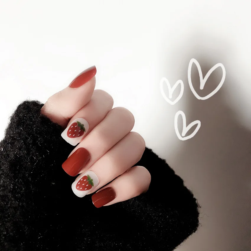 

24pcs Short Square False Nails Full Cover Artificial cute Red Strawberry Fake Nails Press On Nail Tips Short Nail Art Tips