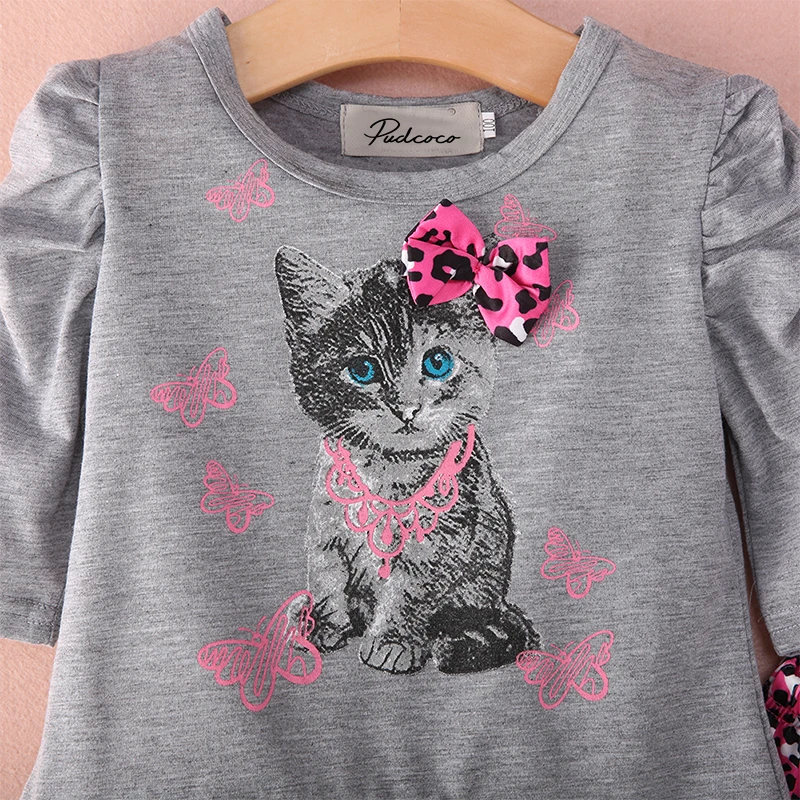 Г. Новогодний комплект «hello kitty», детская одежда для маленьких девочек, комплекты одежды футболка с принтом кота Топ, платье+ штаны с леопардовым принтом, комплект одежды