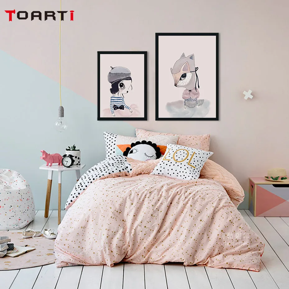 Aestheticism Cartoon Wall Art Animals Girl Pink Canvas Painting Vintage Posters&Prints Girls Bedroom Nursery Home Decor Pictures (2)