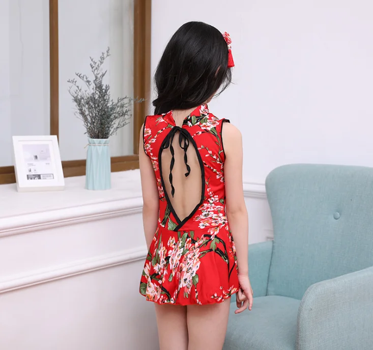 Китайский традиционный Qipao Купальник для девочек, 2 цвета, дизайн с принтом, детский раздельный купальник, цельный Рождественский костюм, GiftZ899