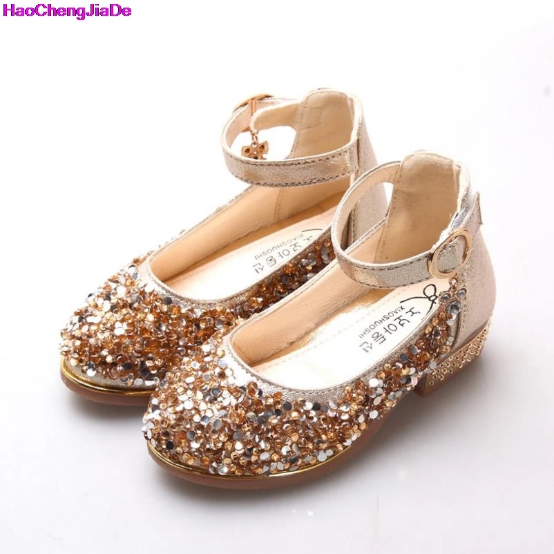 

HaoChengJiaDe Princess Kids Leather Shoes For Girls Casual Glitter Children's High Heel Girls Shoes Beautiful Rhinestone Silver