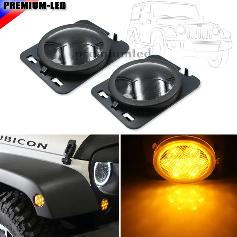(2) Smoked Lens Amber LED Side Marker Lights/Fender Flare Lamps For 2007 2015 Jeep Wrangler JK