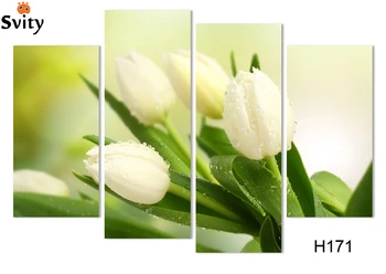 

4 Panel Hot Sell Modern Wall Painting Home Decorative Art Picture Paint on Canvas Prints The charming white tulip