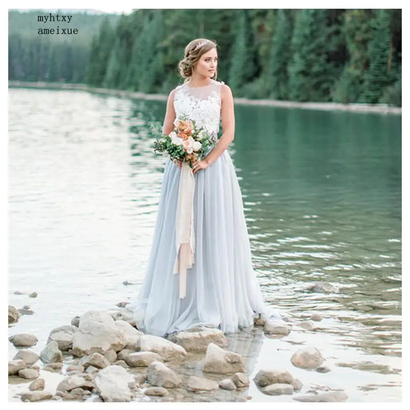 

Sexy Boho Wedding Dress O-neck Appliques Lace Top Vintage Princess Wedding Gown Light Sky Blue Bottom Beach Bride Dress 2019