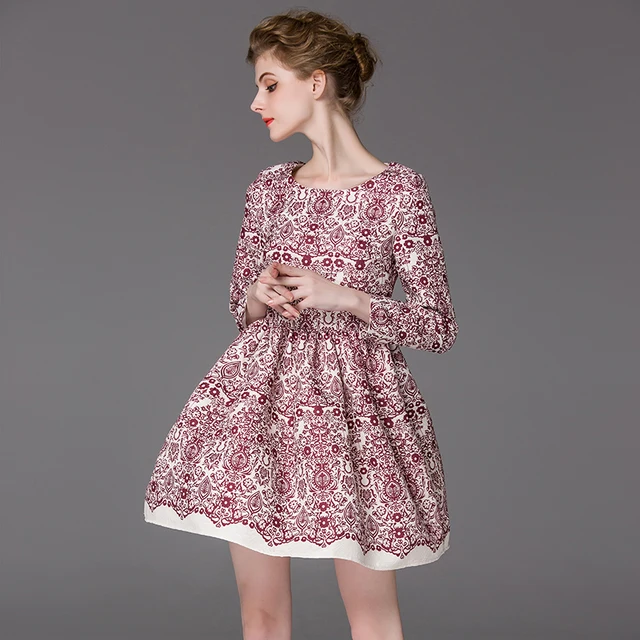 Print Dress 2016 Spring New Fashion Women Casual Full Sleeve Print Dress 2016 Spring New Fashion Women Casual Full Sleeve Retro Blue Red Ball