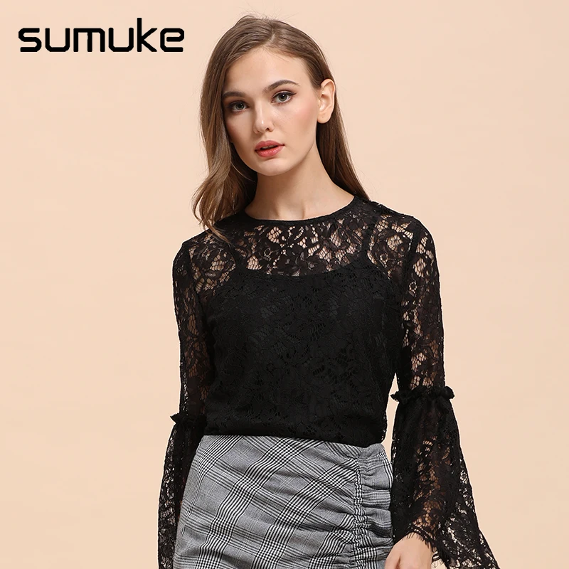 Skup Sumuke Przesadzone Latarnia Rękawem Czarny Motyl Rękawem Elegancki Kobiety Bluzka Oczko Koronki Gipiury 2018 Jesień G oacute;ry 8297ST