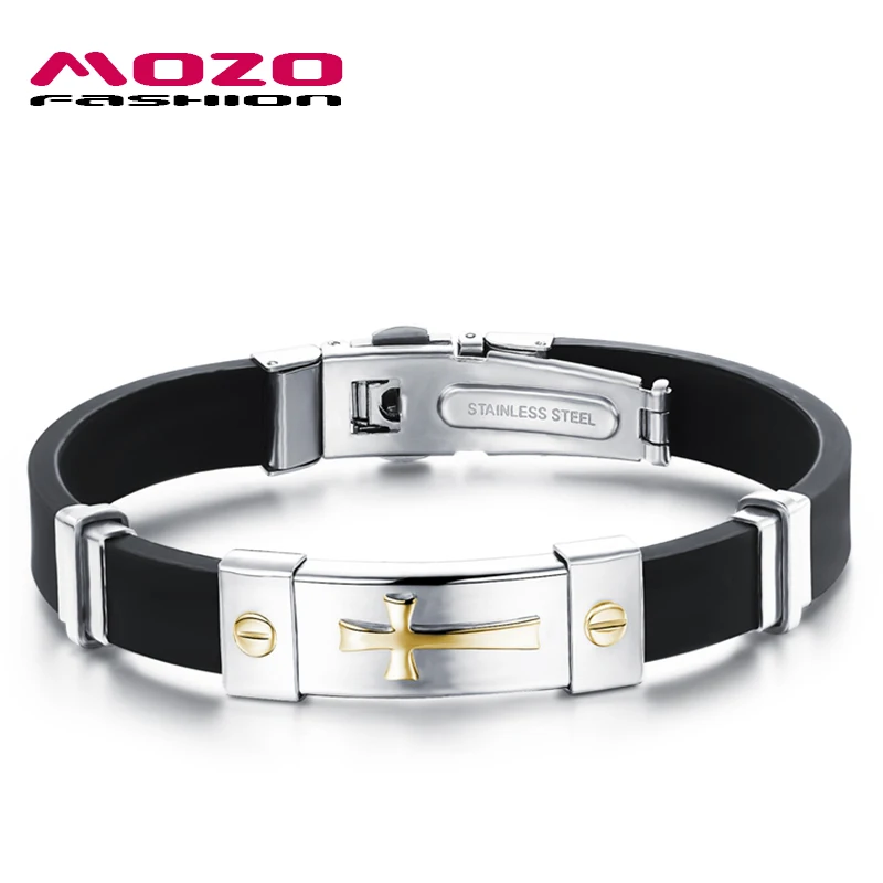 

Wholesale 2015 hot sale new fashion jewelry bracelet black silicone stainless steel Golden Cross Trendy Bracelets for man PH929