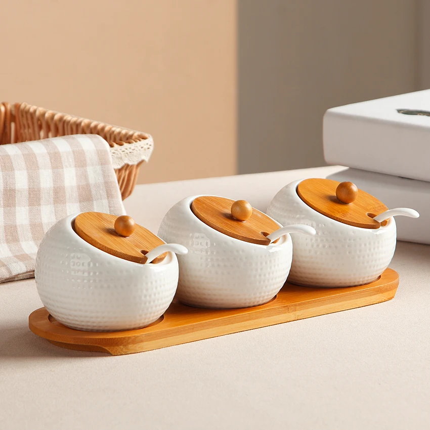 

Multiple Kitchen Ceramic Seasoning Wood Cover Tank Storage Box Storage Holder Dispensing Bottle Box Salt Bottle Home Decor Gift