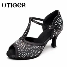 Атлас женщина Латинской Бальный Танец Сальса обувь на высоком каблуке 7,5 см мягкая подошва Самба Танго Чача Румба со стразами Обувь для танцев