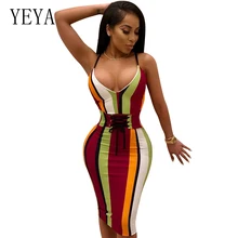 YEYA Women Summer Striped Dress Sleeveless Lace Up Bandage Dresses V-Neck Spaghetti Strap Midi Bodycon Dress Party Club Vestidos