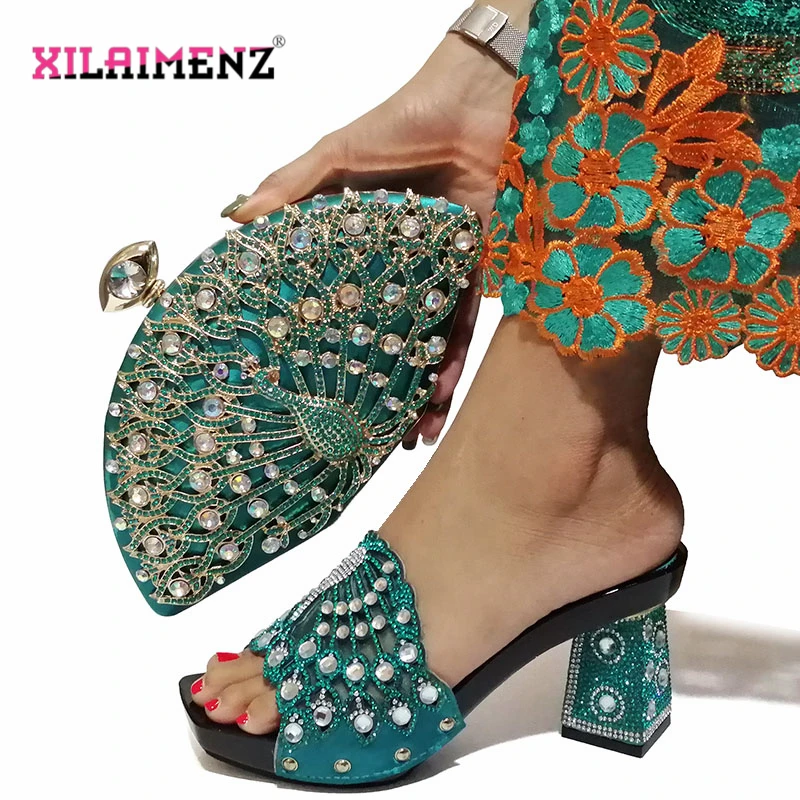 

Teal Color Ladies Nigerian Shoes and Bag Set Decorated with Rhinestone Italian Shoes with Matching Bags High Heels Party Shoes