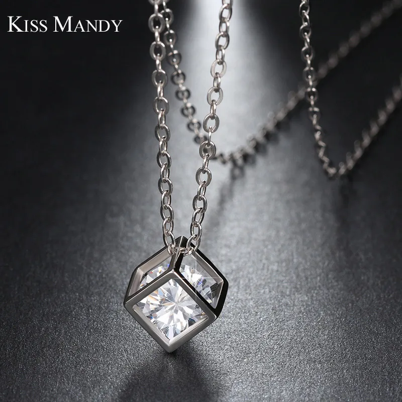 

KISS MANDY 100% Allergy Free Silver Color Necklace Square Box with AAA Cubic Zirconia Elegant Pendant Necklace for Women LN49