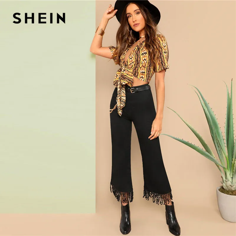 SHEIN SHEIN Однотонные Расклешенные Брюки С Бахромой Женские Повседневные Брюки, Винтажные Брюки С Поясом