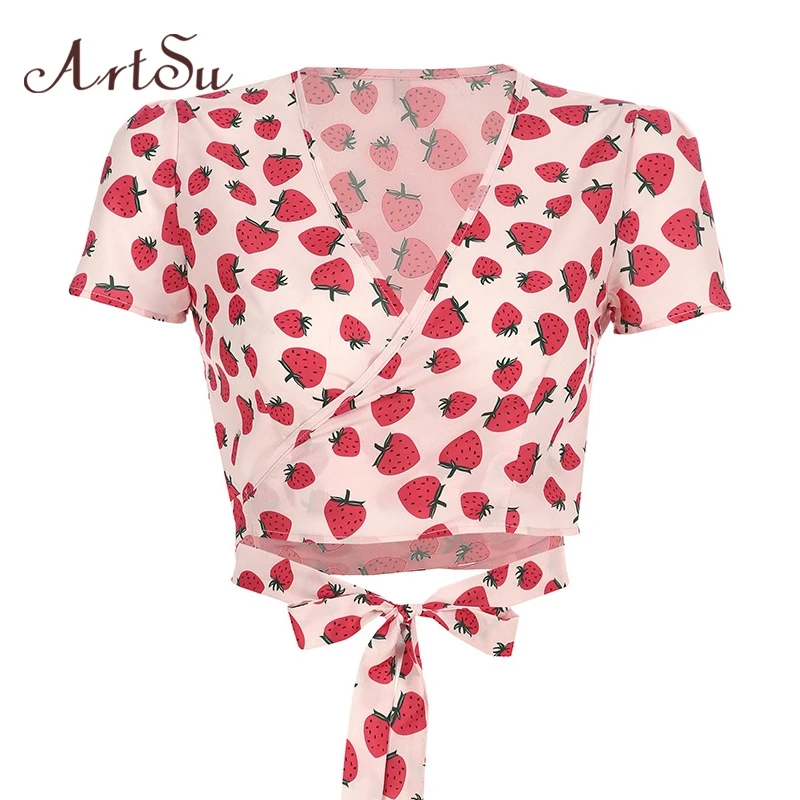 ArtSu الفراولة المطبوعة التي شيرت لطيف Kawaii V الرقبة مثير النساء قصيرة الأكمام المحاصيل أعلى T قميص السيدات الدانتيل يصل المحملة قميص ASTS20866