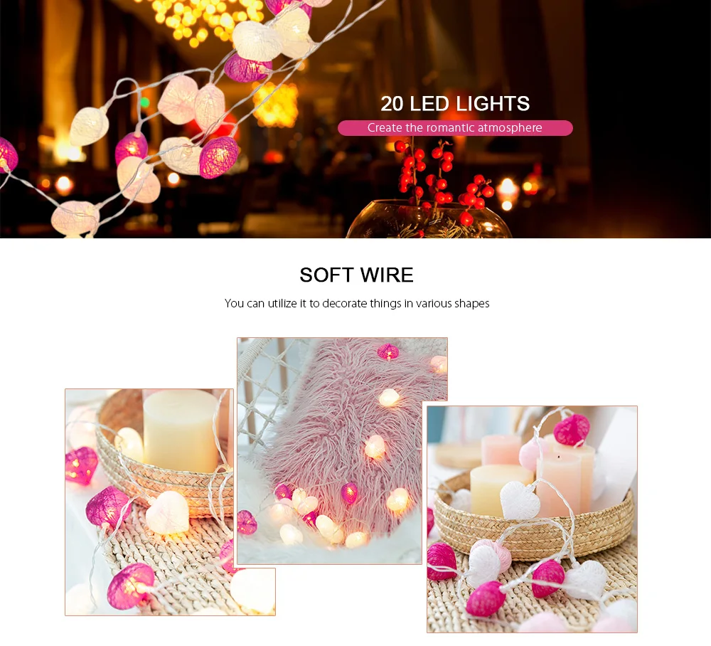 3M 20 LEDs Heart Shape Light String Cotton Lamp for Wedding Home Party