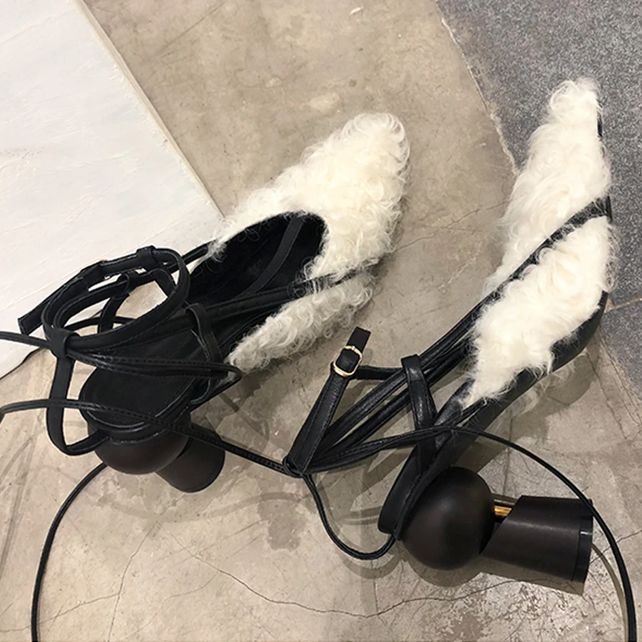Prova Perfetto персональные Подиумные женские туфли-лодочки из шерстяного меха с острым носком и геометрическим дизайном свадебные туфли на высоком каблуке сандалии с перекрестной шнуровкой