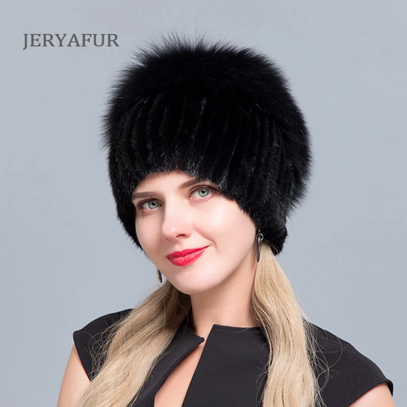 JERYAFUR, новые модные зимние шляпы для женщин, меховая шапка из натуральной норки, женские Лоскутные Шапки из лисьего меха, смешанные цвета, внутренние вязаные шапки, теплые - Цвет: COLOR3