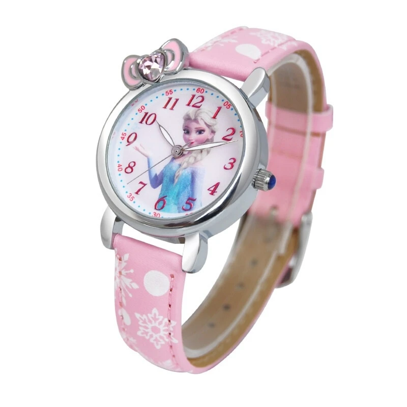 Disney Frozen Elsa Princess Cute Girls Bowknot Snowflake Leather Quartz watch Pretty student Kids Cartoon Clock Children Gift