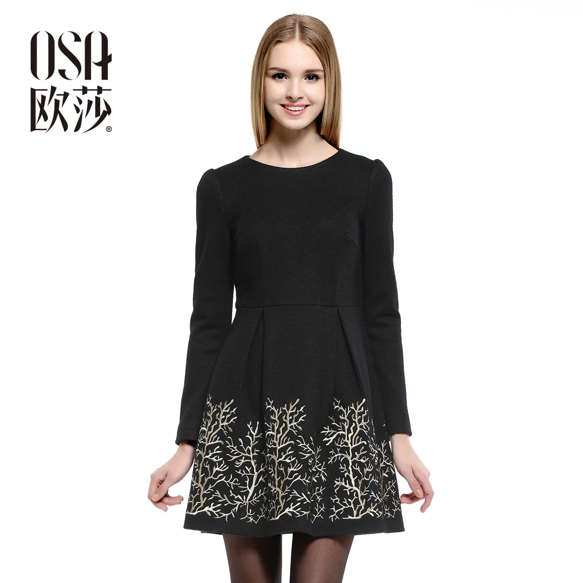 OSA Women Winter 2015 Slim Dress Embroidered Long Sleeve Dress