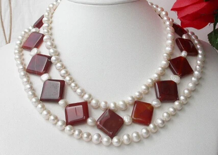 

ddh003489 Elegant 3strands 8-9mm FW pearl Red agate Necklace